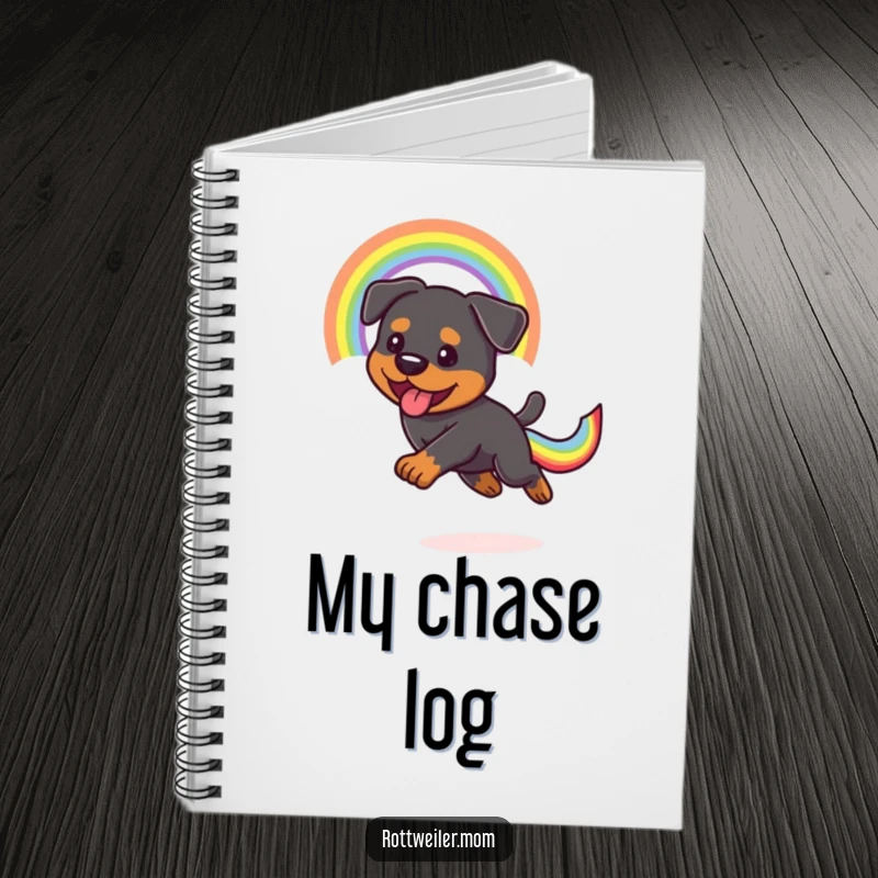 Funny Kawaii Rottweiler chasing a vibrant rainbow tail on a notebook, encouraging fun and creativity.