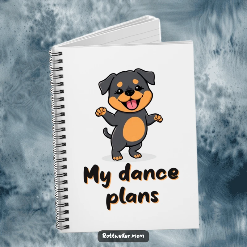 Funny notebook with a Kawaii Rottweiler doing a silly dance, tail wagging, perfect for jotting notes with canine charm and humor.