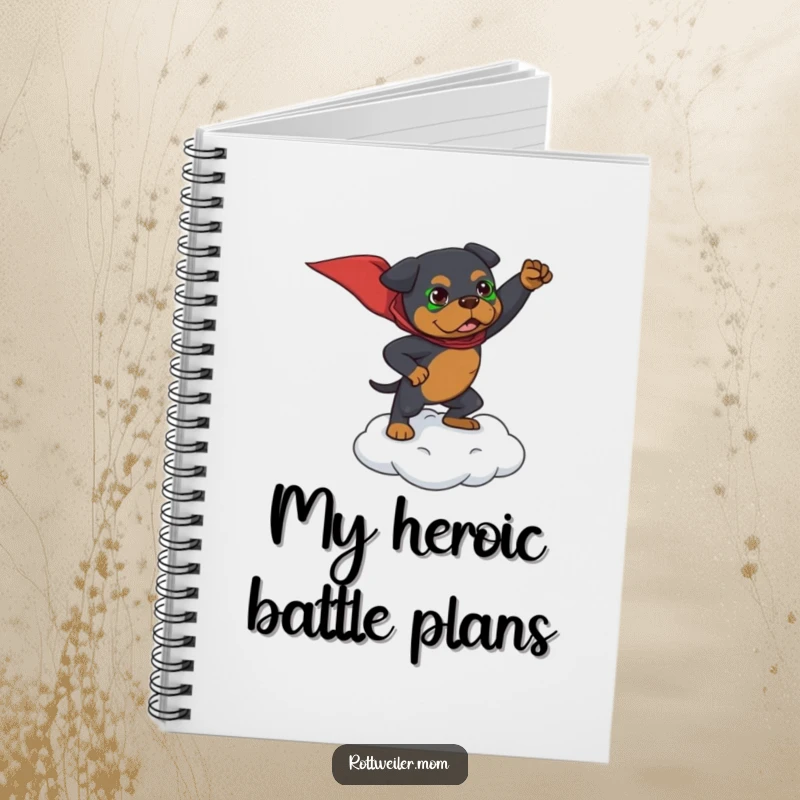 Funny notebook featuring a Rottweiler in a superhero pose on a tiny cloud, inspiring epic ideas.