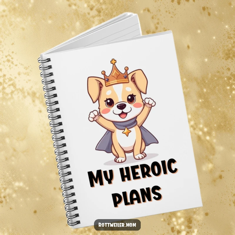 Funny dog hero notebook featuring a dog with a crown and cape in a heroic stance, perfect for writing and planning.