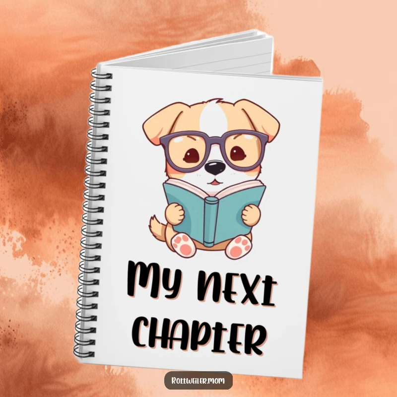 Funny dog notebook, a dog with large glasses reading a book, perfect for jotting down notes and ideas.