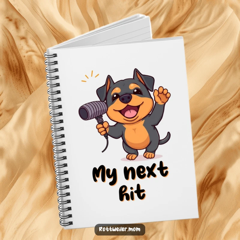 Funny Rottweiler notebook featuring an excited dog holding a giant microphone, perfect for songwriting, lyrics, and music notes.