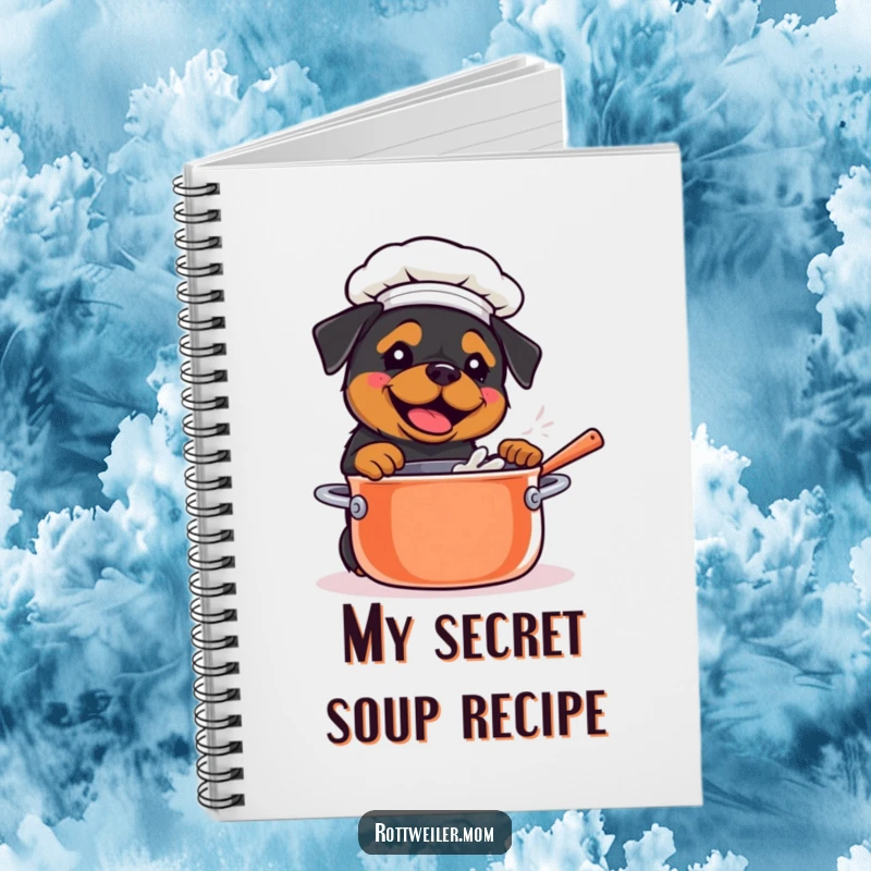 Funny Kawaii Rottweiler stirring a giant pot on a chef notebook cover, inspiring culinary creativity.