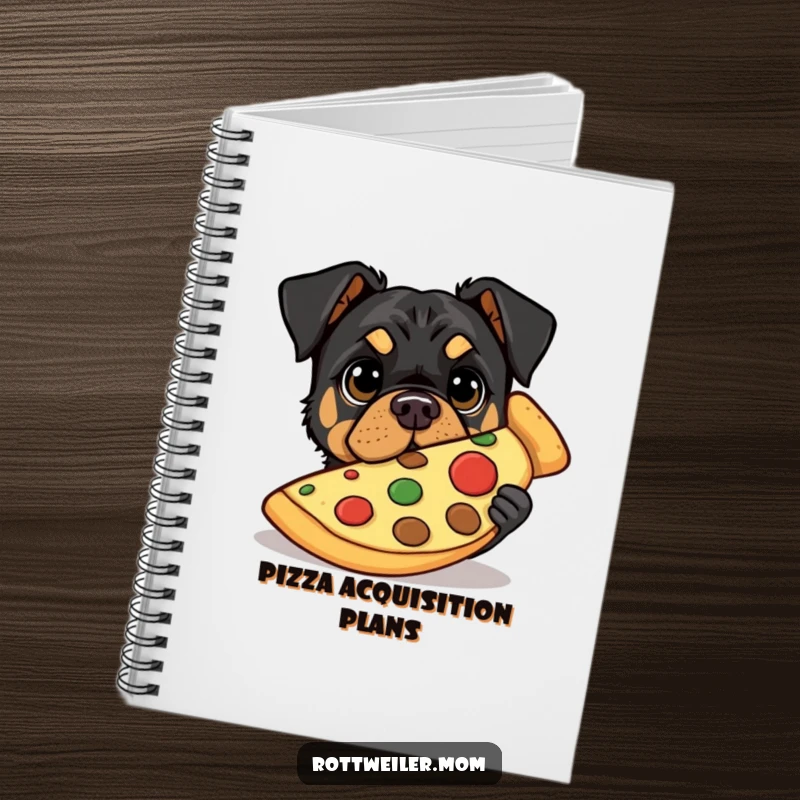 Funny notebook with a Rottweiler peeking from behind a large pizza slice, eyes wide with pizza lust.
