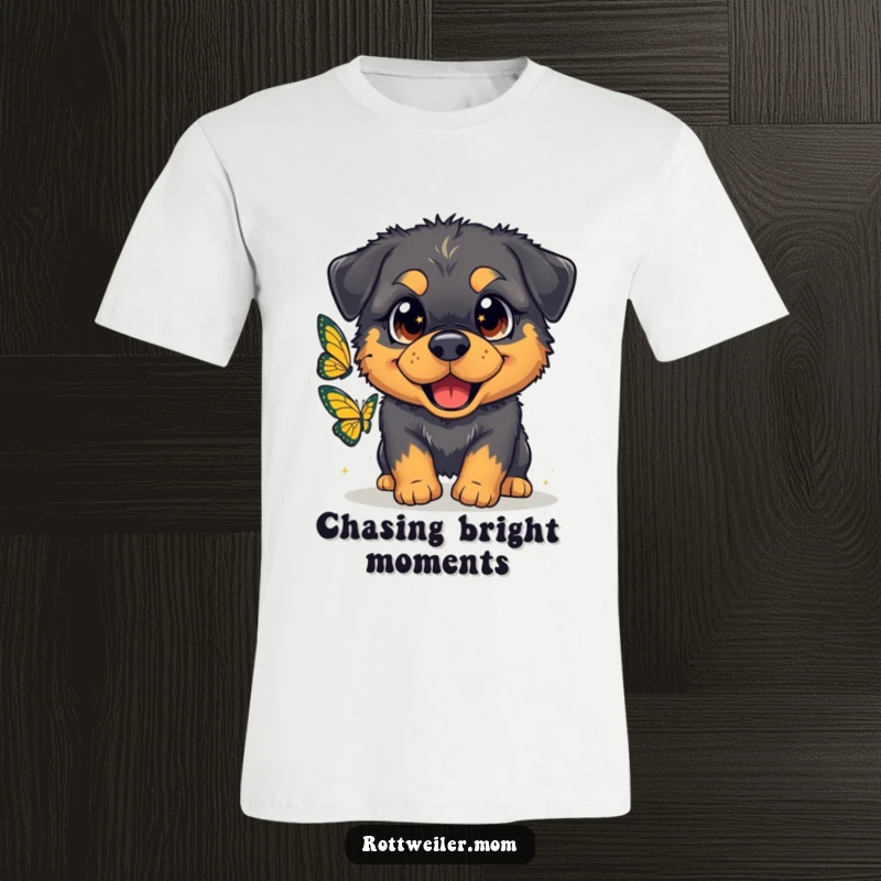 Funny t-shirt depicting a fluffy Rottweiler with oversized, sparkling eyes gleefully chasing a butterfly in a whimsical outdoor scene.