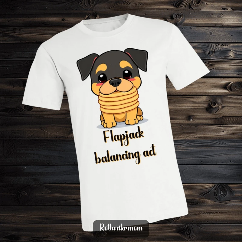 Funny Kawaii Rottweiler T-Shirt featuring a cute dog with a determined smirk balancing a tall stack of pancakes on its nose.