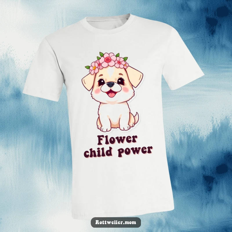 Funny dog T-shirt with a small dog wearing a beautiful flower crown, gazing upwards with an ecstatic and joyful expression.