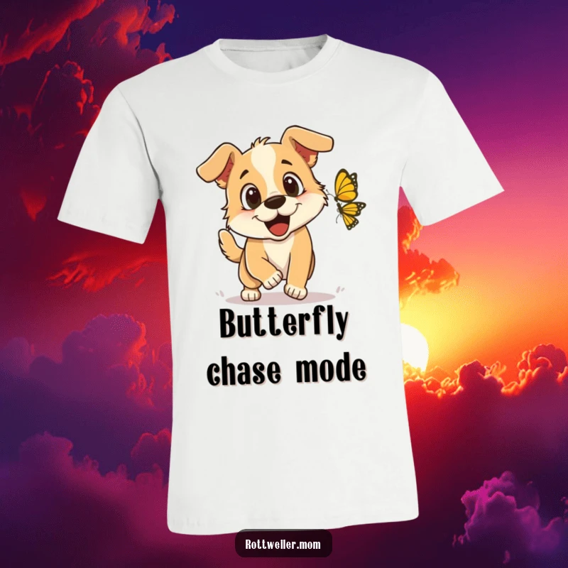 Funny T-Shirt: A happy dog with ecstatic eyes leaping playfully after a fluttering butterfly, embodying pure, unadulterated fun.