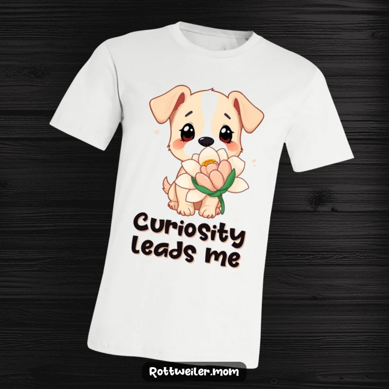 Funny dog t-shirt featuring a dog with big, curious eyes sniffing an oversized flower, highlighting gentle exploration and humor.