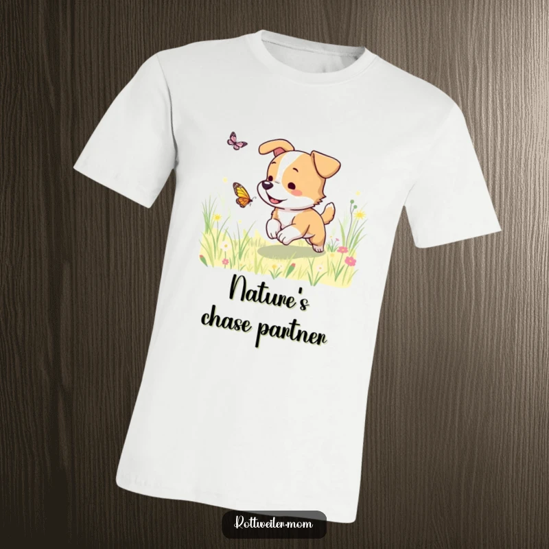Funny dog t-shirt depicting a cartoon dog joyfully chasing a butterfly in a vibrant, sunlit meadow, evoking pure happiness.