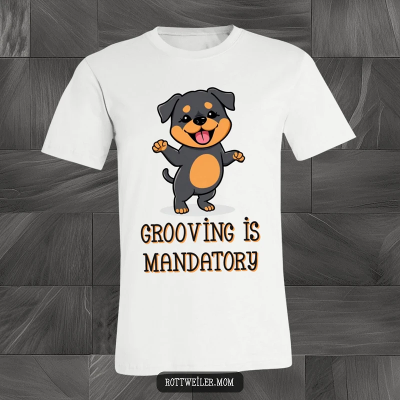 Funny t-shirt with a Kawaii Rottweiler doing a silly dance, tail wagging energetically, capturing pure, humorous canine delight.