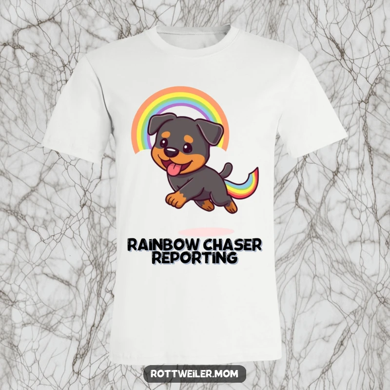 Funny Kawaii Rottweiler gleefully chasing a shimmering rainbow tail on a t-shirt, embodying pure excitement and humor.