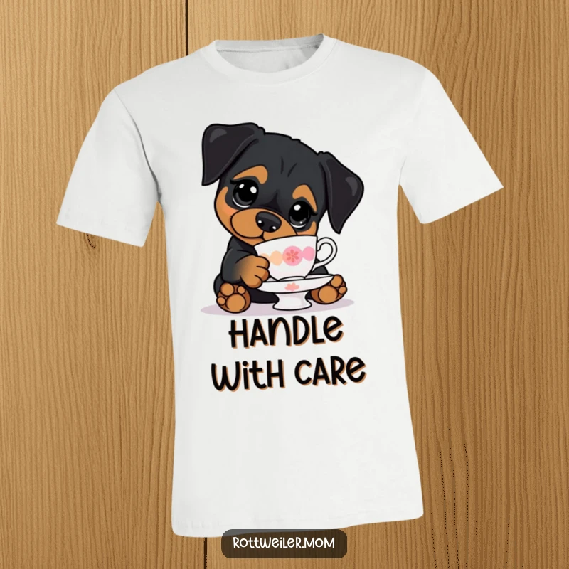 Funny t-shirt featuring a kawaii Rottweiler with big eyes, precariously balancing a teacup, celebrating cute canine efforts.
