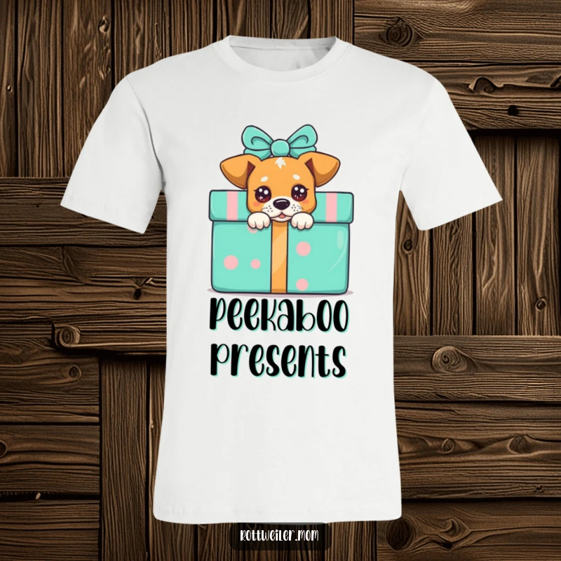 Funny dog t-shirt, a curious dog with sparkling eyes peeking from behind a vibrant, large gift box.