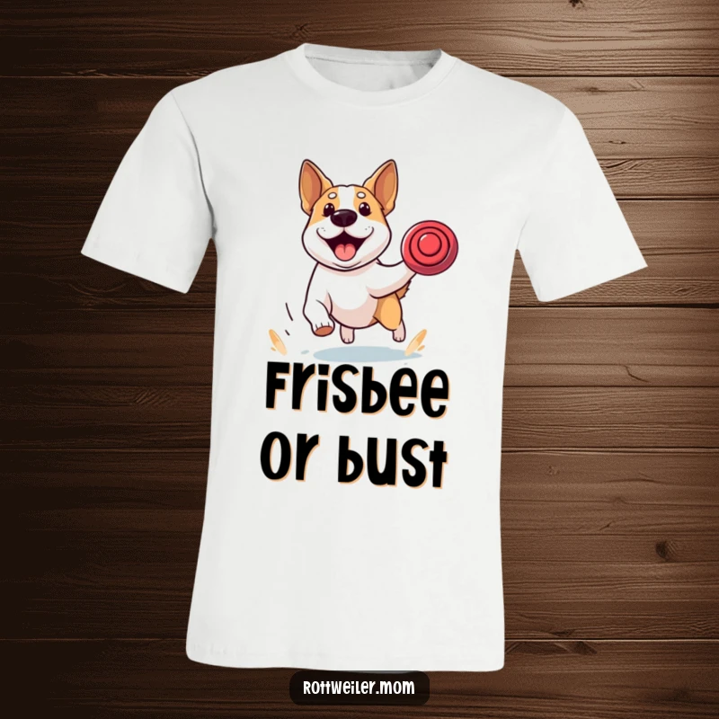 Funny T-shirt depicting a stocky dog with alert ears, mid-sprint, chasing a frisbee with intense focus and exhilarating energy.