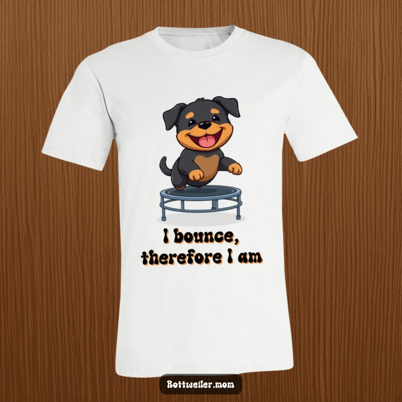 Funny Rottweiler puppy has a blast bouncing on a trampoline, capture the pure joy on this dog t-shirt.