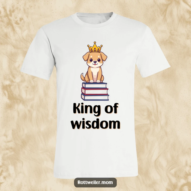 Funny Regal Dog T-Shirt: Dog in a crown sits proudly on books, a humorous statement for intellectuals.