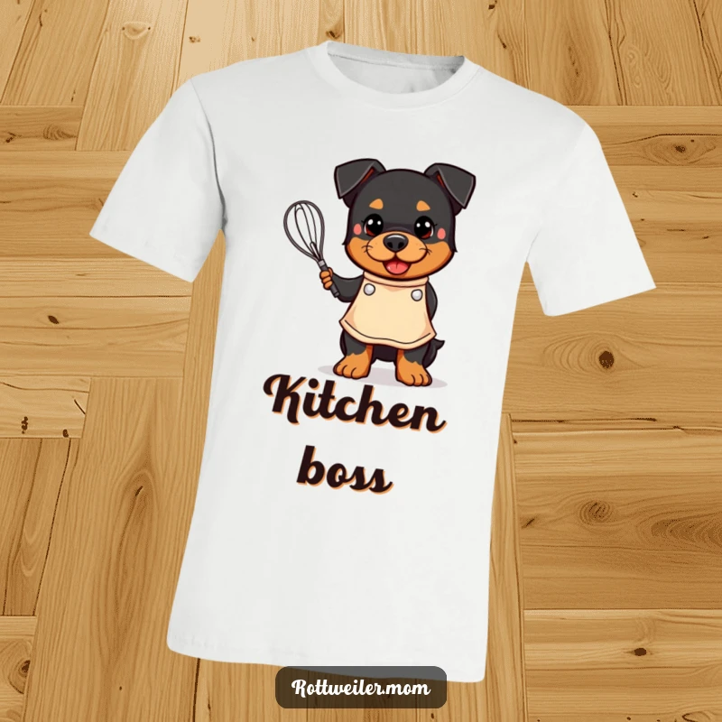 Funny t-shirt of a kawaii Rottweiler wearing an apron and happily holding a whisk, celebrating culinary canine companions.