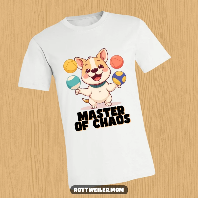 Funny T-shirt showing a happy dog expertly juggling three brightly colored balls, perfect for circus and pet lovers.