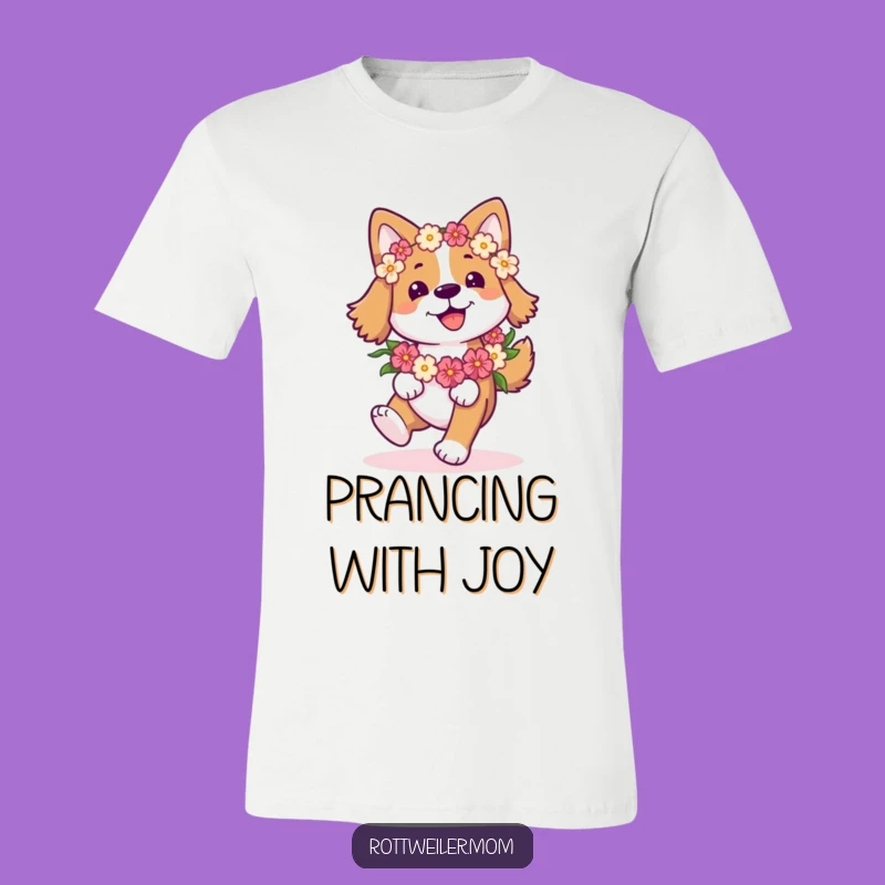 Funny Happy Dog T-Shirt: Flower Garland Pup Prancing - Hilarious Joyful Apparel