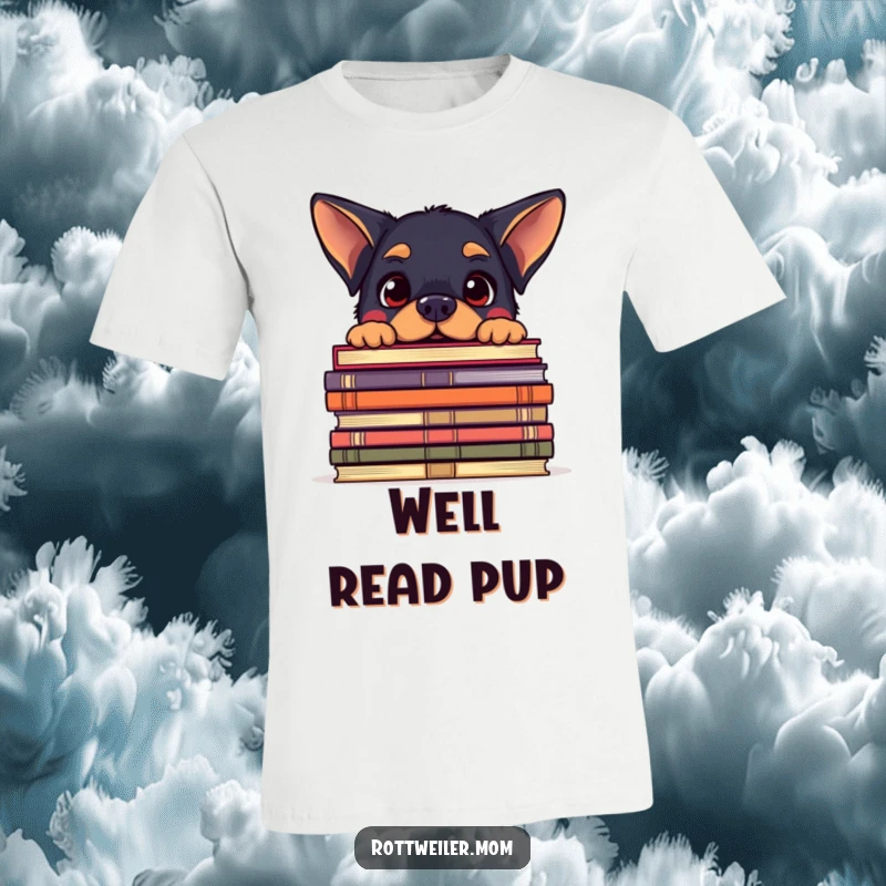 Funny t-shirt featuring a kawaii Rottweiler peeking over a giant stack of books with an amused expression, celebrating readers.
