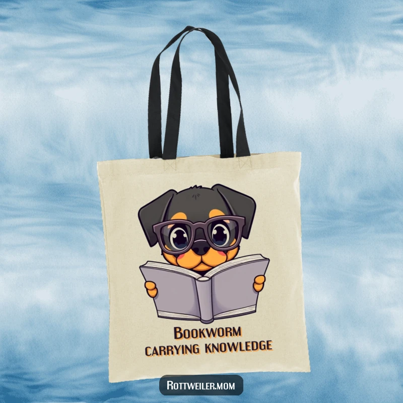 Funny Kawaii Rottweiler Tote Bag with a cute dog wearing glasses and reading a large book, a funny gift for bibliophiles.