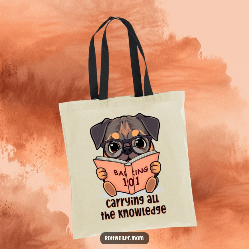 Funny tote bag with a spectacled Rottweiler reading a giant book called Barking 101, a literary and fashionable accessory.