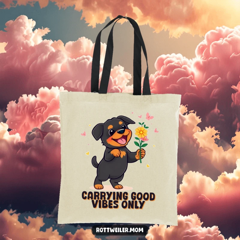 Funny Rottweiler Tote Bag: A happy Rottweiler is depicted dancing with a large bouquet of colorful flowers, perfect for errands.