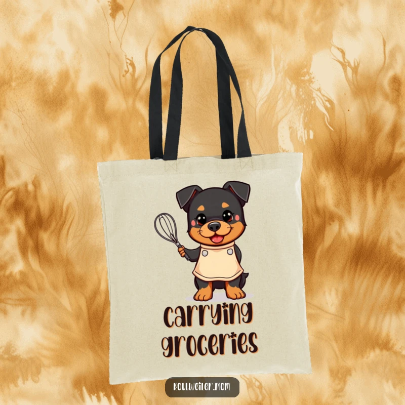 Funny tote bag with a kawaii Rottweiler wearing an apron and holding a whisk, ideal for carrying baking supplies.