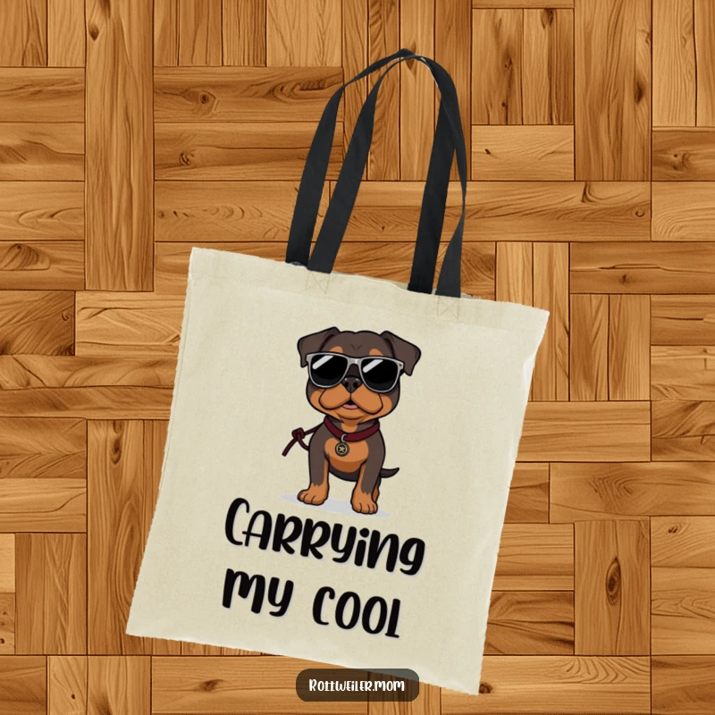 Funny Rottweiler tote bag with a dog wearing oversized sunglasses, confidently strutting with a leash, perfect for daily use.