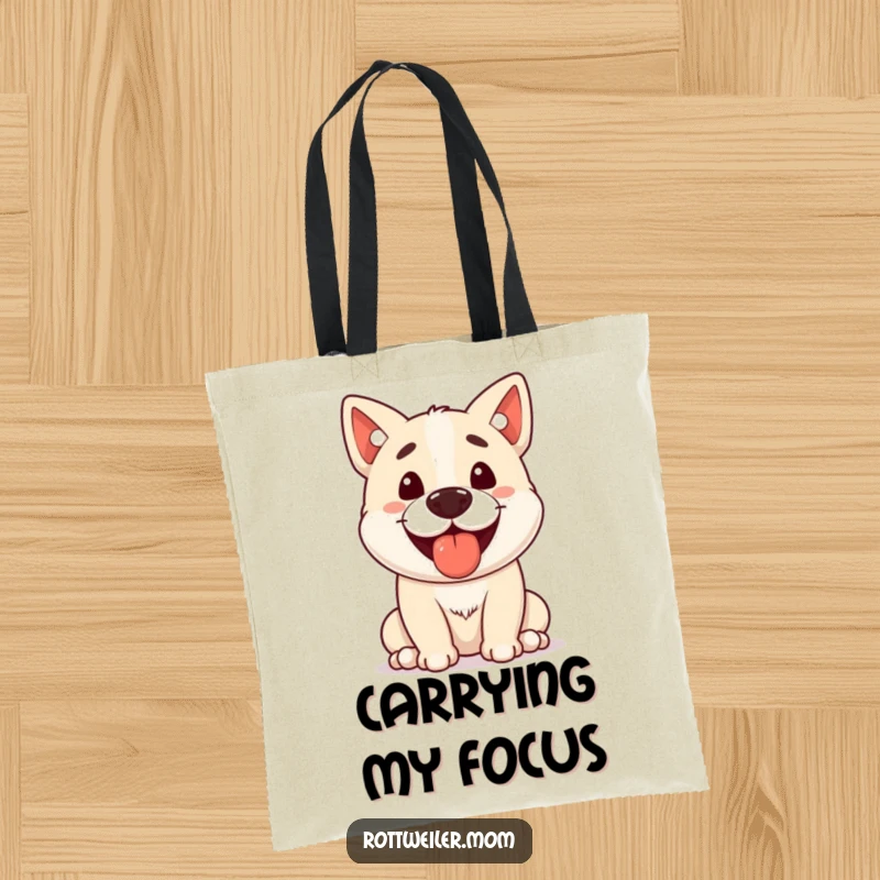 Funny Stocky Dog Tote Bag showing a cheerful dog panting while expertly balancing a small treat on its nose, ideal for everyday use.