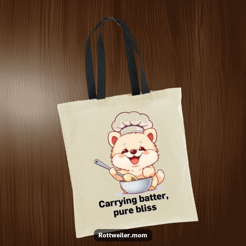 Funny Chef Dog Tote Bag: Fluffy dog in a chef hat whisks batter, a practical and humorous accessory.