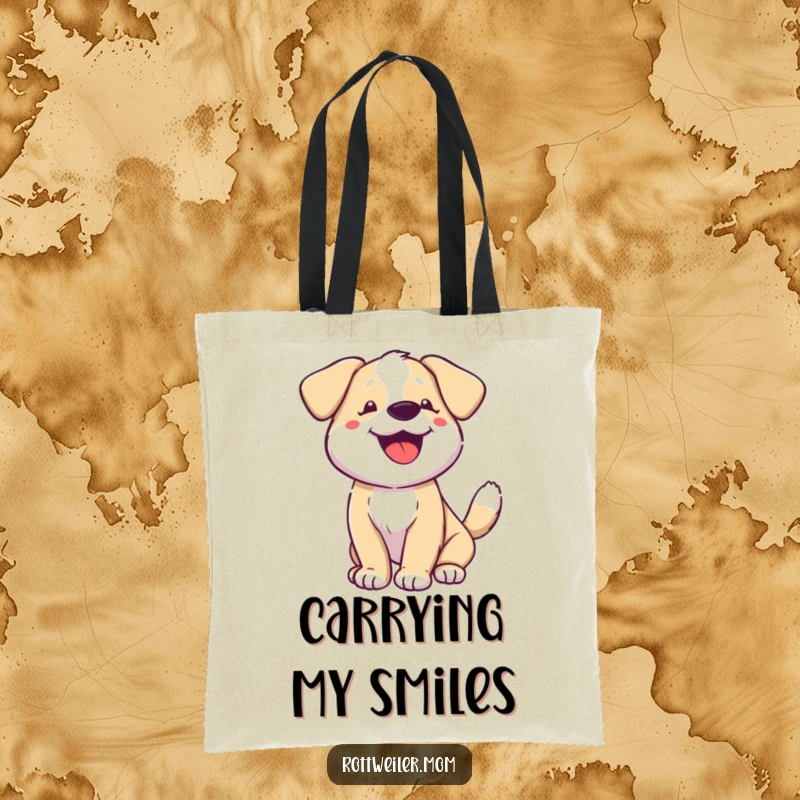 Funny dog tote bag, a dog happily panting with a vigorously wagging tail, perfect for shopping and gifts.