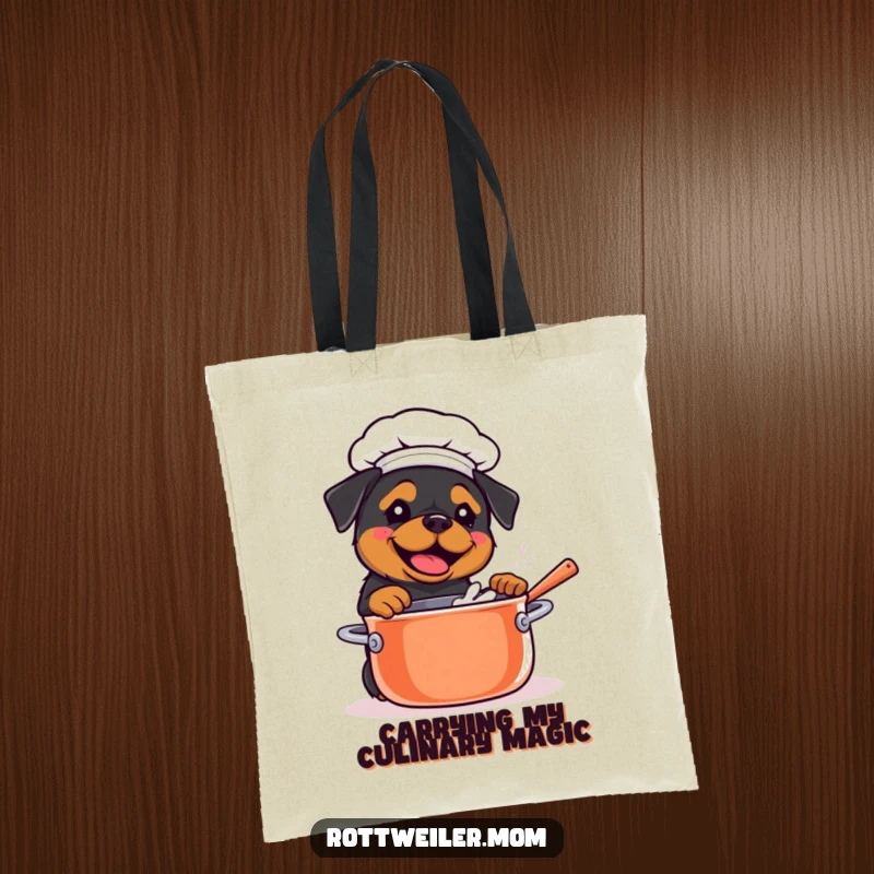 Funny Kawaii Rottweiler stirring a large pot on a chef tote bag, a humorous and useful accessory.