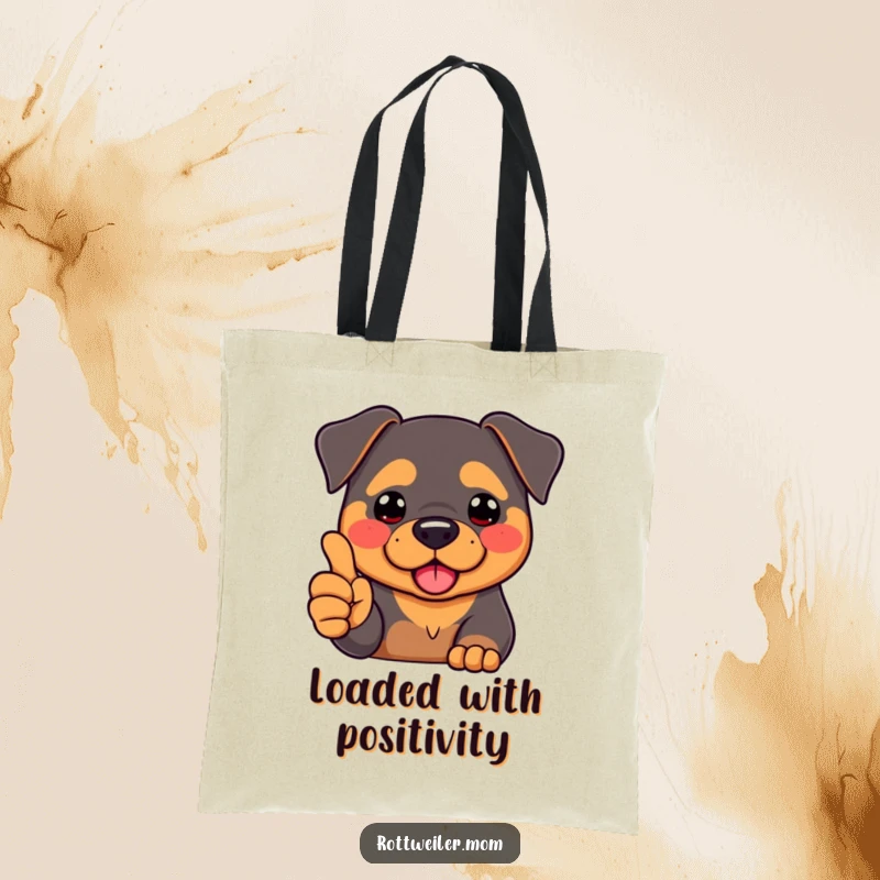 Funny Kawaii Rottweiler with plump rosy cheeks, offering a positive thumbs-up with its paw, on a versatile tote bag.