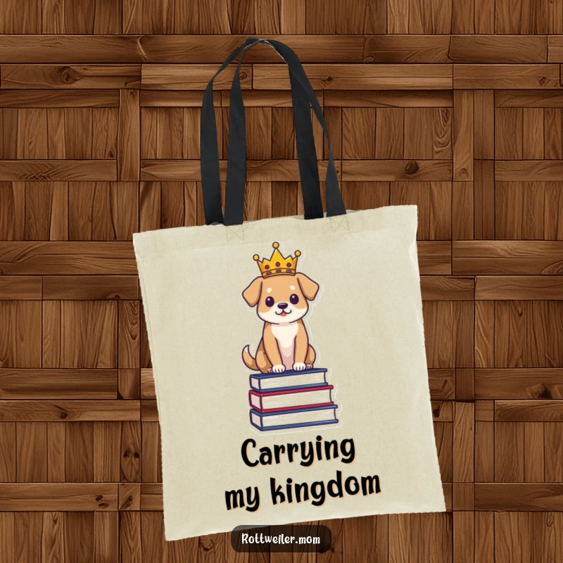 Funny Regal Dog Tote Bag: Dog in a crown sits on books, a humorous and practical literary accessory.