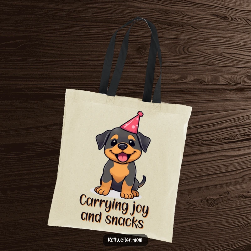 Funny kawaii Rottweiler tote bag, a cute dog carrying essentials while wagging its tail in a party hat. Joyful and useful.