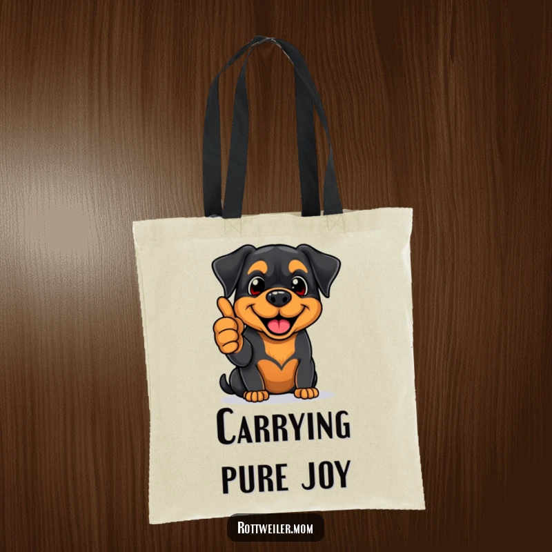 Funny Rottweiler tote bag featuring an enthusiastic pup giving a thumbs-up with a big smile, ideal for carrying essentials with joy.