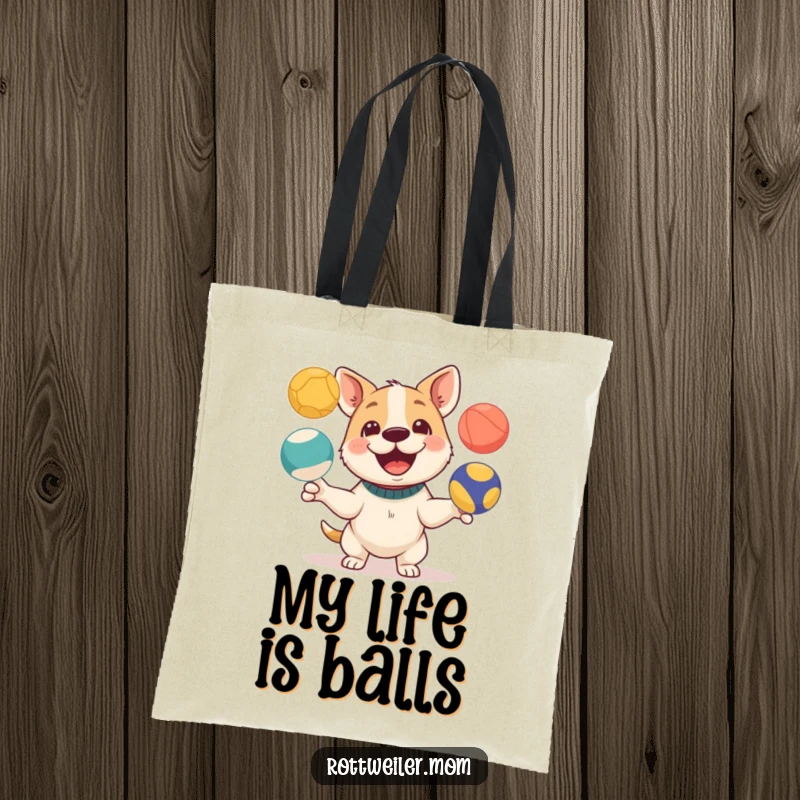 Funny tote bag depicting a happy dog skillfully juggling three colorful balls, great for carrying fun and essentials.