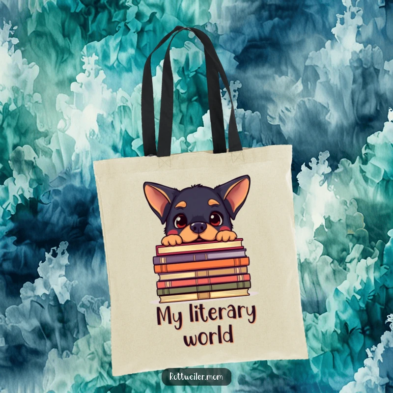 Funny tote bag with a kawaii Rottweiler peeking over a giant stack of books, looking amused, ideal for bookworms.